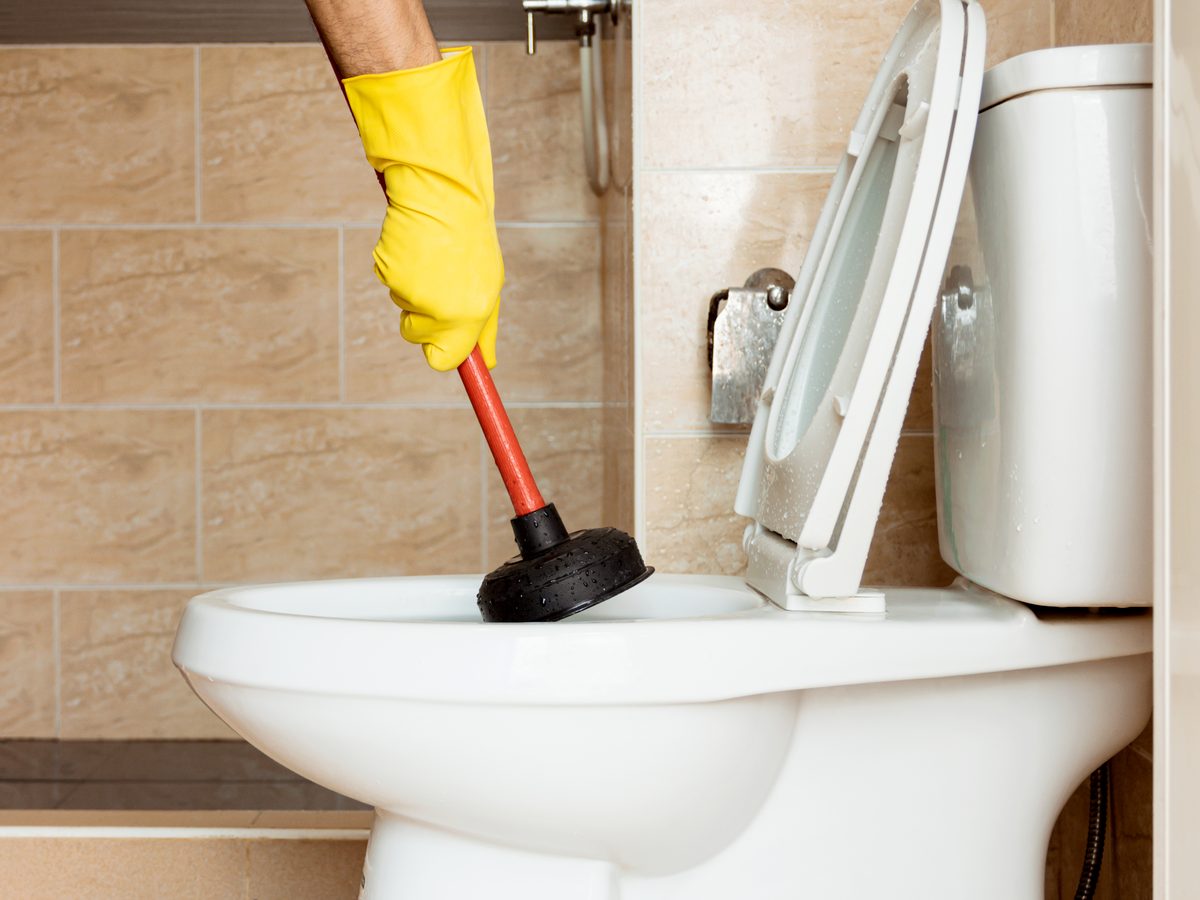 Tool being used to clear a blocked toilet bowl