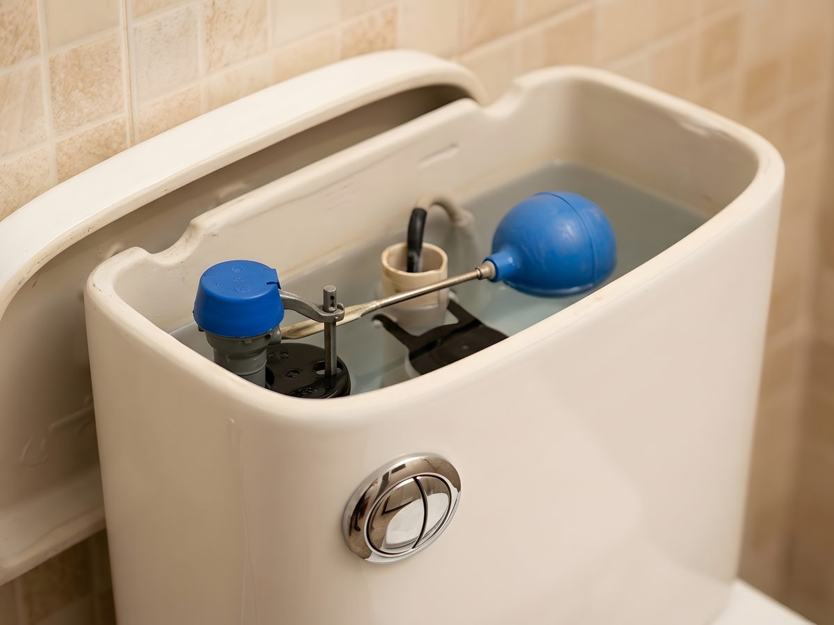 Open toilet cistern showing the float ball valve and internal parts